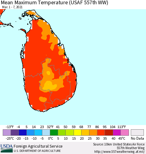Sri Lanka Maximum Temperature (USAF 557th WW) Thematic Map For 3/1/2021 - 3/7/2021