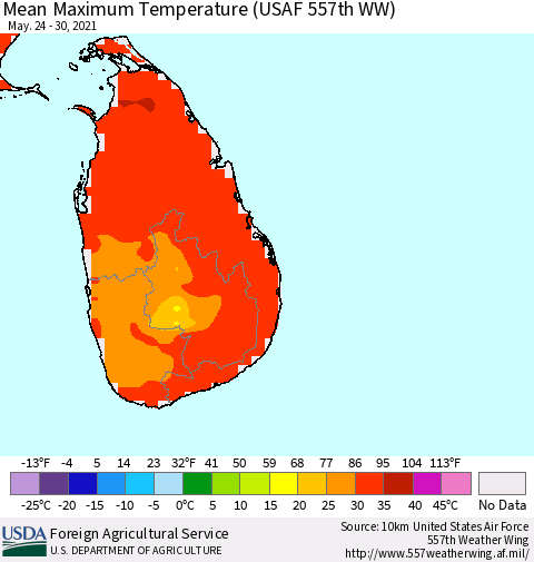 Sri Lanka Mean Maximum Temperature (USAF 557th WW) Thematic Map For 5/24/2021 - 5/30/2021