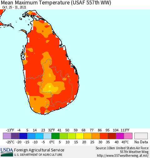 Sri Lanka Maximum Temperature (USAF 557th WW) Thematic Map For 10/25/2021 - 10/31/2021