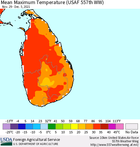 Sri Lanka Maximum Temperature (USAF 557th WW) Thematic Map For 11/29/2021 - 12/5/2021