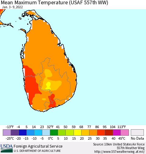 Sri Lanka Mean Maximum Temperature (USAF 557th WW) Thematic Map For 1/3/2022 - 1/9/2022
