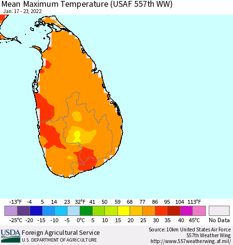 Sri Lanka Mean Maximum Temperature (USAF 557th WW) Thematic Map For 1/17/2022 - 1/23/2022