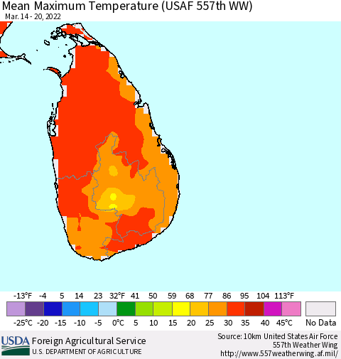 Sri Lanka Mean Maximum Temperature (USAF 557th WW) Thematic Map For 3/14/2022 - 3/20/2022