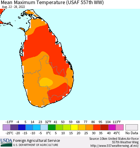 Sri Lanka Mean Maximum Temperature (USAF 557th WW) Thematic Map For 8/22/2022 - 8/28/2022