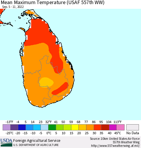 Sri Lanka Mean Maximum Temperature (USAF 557th WW) Thematic Map For 9/5/2022 - 9/11/2022