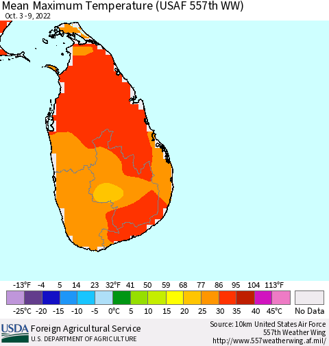 Sri Lanka Mean Maximum Temperature (USAF 557th WW) Thematic Map For 10/3/2022 - 10/9/2022