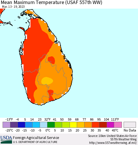 Sri Lanka Mean Maximum Temperature (USAF 557th WW) Thematic Map For 3/13/2023 - 3/19/2023