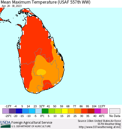 Sri Lanka Mean Maximum Temperature (USAF 557th WW) Thematic Map For 4/24/2023 - 4/30/2023
