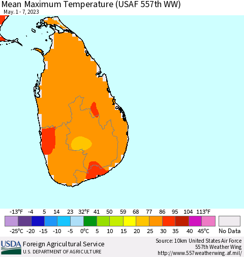 Sri Lanka Mean Maximum Temperature (USAF 557th WW) Thematic Map For 5/1/2023 - 5/7/2023