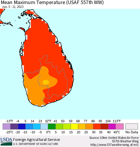 Sri Lanka Mean Maximum Temperature (USAF 557th WW) Thematic Map For 6/5/2023 - 6/11/2023