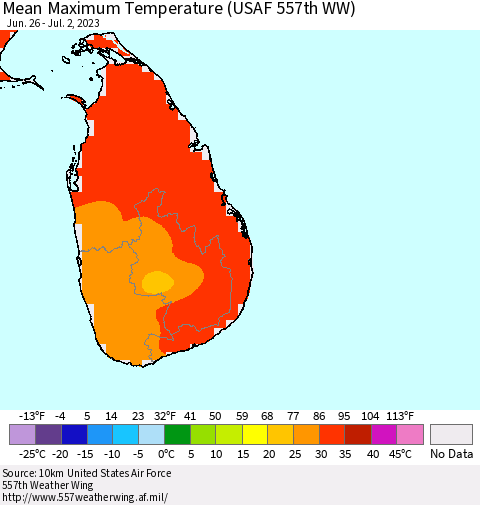 Sri Lanka Mean Maximum Temperature (USAF 557th WW) Thematic Map For 6/26/2023 - 7/2/2023