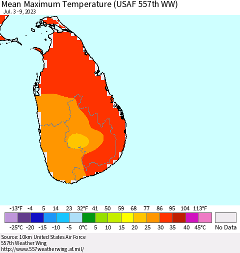 Sri Lanka Mean Maximum Temperature (USAF 557th WW) Thematic Map For 7/3/2023 - 7/9/2023