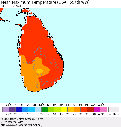 Sri Lanka Mean Maximum Temperature (USAF 557th WW) Thematic Map For 7/10/2023 - 7/16/2023