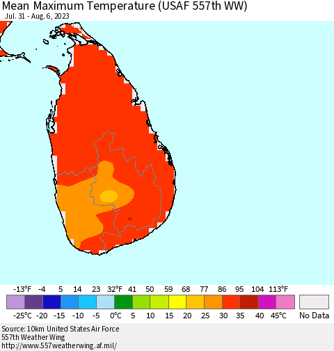 Sri Lanka Mean Maximum Temperature (USAF 557th WW) Thematic Map For 7/31/2023 - 8/6/2023