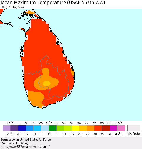 Sri Lanka Mean Maximum Temperature (USAF 557th WW) Thematic Map For 8/7/2023 - 8/13/2023