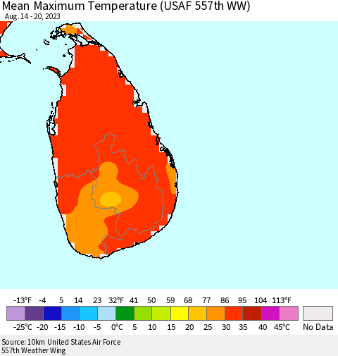 Sri Lanka Mean Maximum Temperature (USAF 557th WW) Thematic Map For 8/14/2023 - 8/20/2023