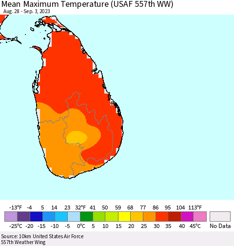 Sri Lanka Mean Maximum Temperature (USAF 557th WW) Thematic Map For 8/28/2023 - 9/3/2023