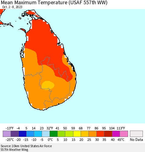 Sri Lanka Mean Maximum Temperature (USAF 557th WW) Thematic Map For 10/2/2023 - 10/8/2023