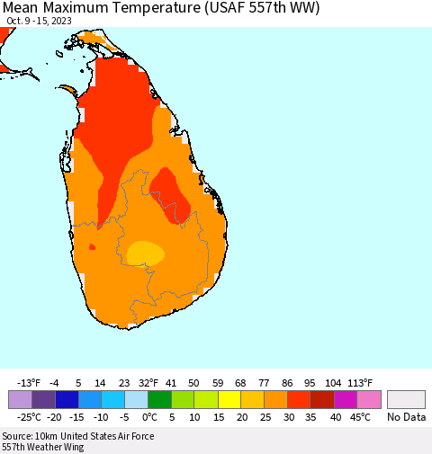 Sri Lanka Mean Maximum Temperature (USAF 557th WW) Thematic Map For 10/9/2023 - 10/15/2023