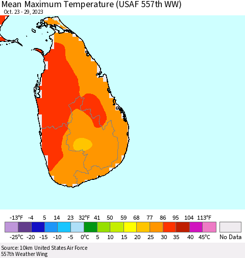 Sri Lanka Mean Maximum Temperature (USAF 557th WW) Thematic Map For 10/23/2023 - 10/29/2023