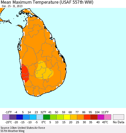 Sri Lanka Mean Maximum Temperature (USAF 557th WW) Thematic Map For 12/25/2023 - 12/31/2023