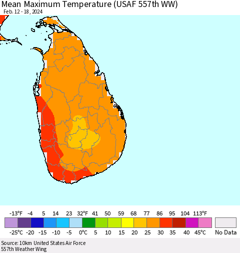 Sri Lanka Mean Maximum Temperature (USAF 557th WW) Thematic Map For 2/12/2024 - 2/18/2024
