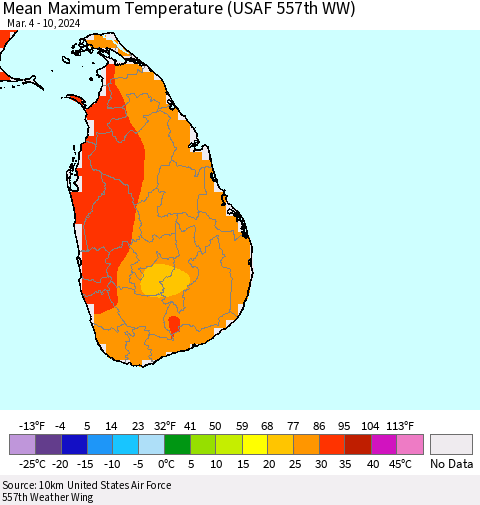 Sri Lanka Mean Maximum Temperature (USAF 557th WW) Thematic Map For 3/4/2024 - 3/10/2024