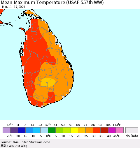 Sri Lanka Mean Maximum Temperature (USAF 557th WW) Thematic Map For 3/11/2024 - 3/17/2024