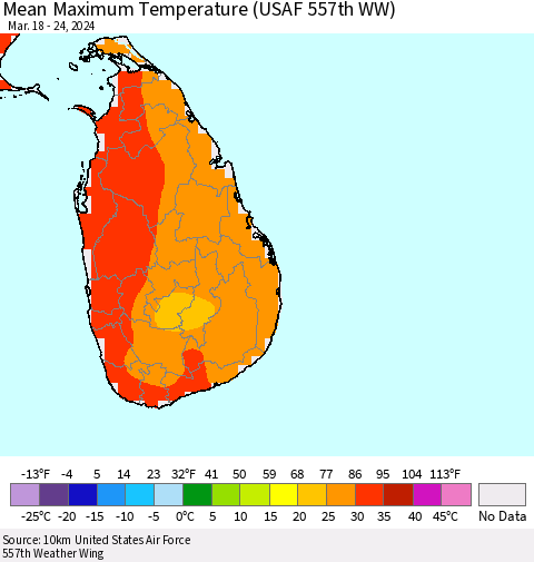 Sri Lanka Mean Maximum Temperature (USAF 557th WW) Thematic Map For 3/18/2024 - 3/24/2024