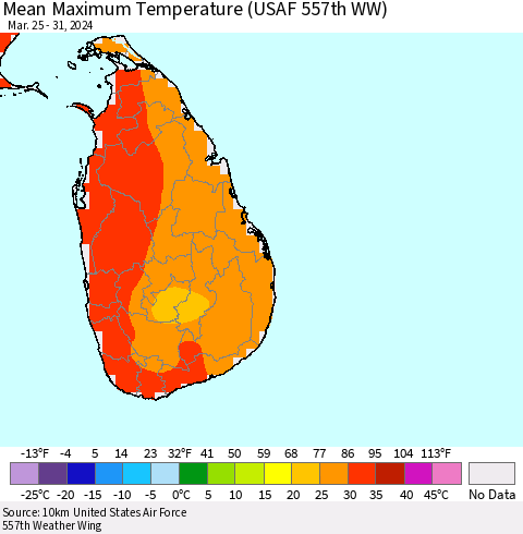 Sri Lanka Mean Maximum Temperature (USAF 557th WW) Thematic Map For 3/25/2024 - 3/31/2024