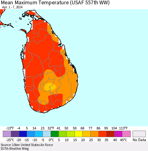 Sri Lanka Mean Maximum Temperature (USAF 557th WW) Thematic Map For 4/1/2024 - 4/7/2024
