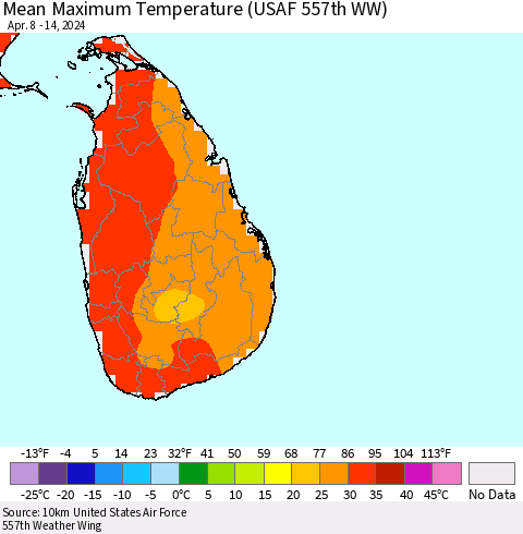 Sri Lanka Mean Maximum Temperature (USAF 557th WW) Thematic Map For 4/8/2024 - 4/14/2024