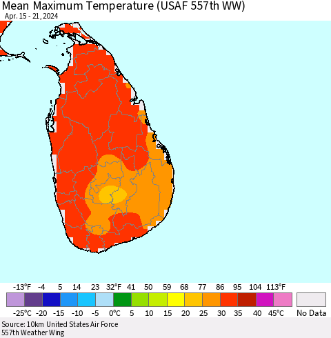 Sri Lanka Mean Maximum Temperature (USAF 557th WW) Thematic Map For 4/15/2024 - 4/21/2024