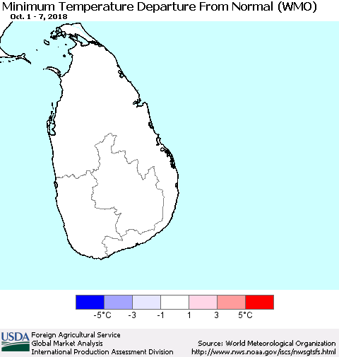 Sri Lanka Mean Minimum Temperature Departure from Normal (WMO) Thematic Map For 10/1/2018 - 10/7/2018