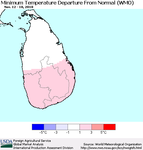 Sri Lanka Mean Minimum Temperature Departure from Normal (WMO) Thematic Map For 11/12/2018 - 11/18/2018