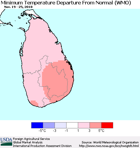 Sri Lanka Mean Minimum Temperature Departure from Normal (WMO) Thematic Map For 11/19/2018 - 11/25/2018