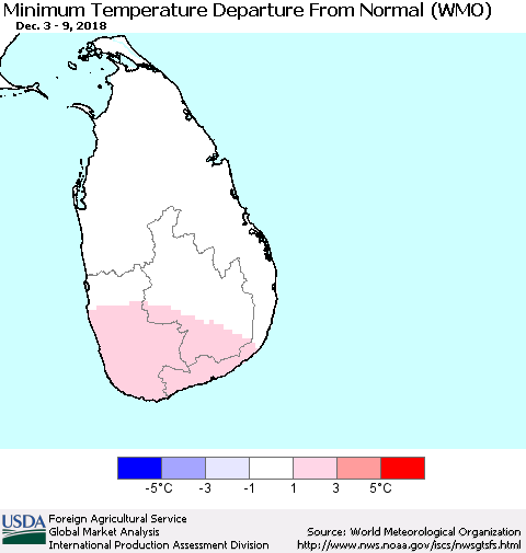 Sri Lanka Mean Minimum Temperature Departure from Normal (WMO) Thematic Map For 12/3/2018 - 12/9/2018
