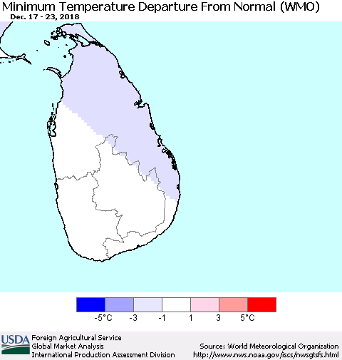 Sri Lanka Mean Minimum Temperature Departure from Normal (WMO) Thematic Map For 12/17/2018 - 12/23/2018