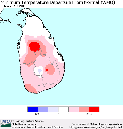 Sri Lanka Mean Minimum Temperature Departure from Normal (WMO) Thematic Map For 1/7/2019 - 1/13/2019