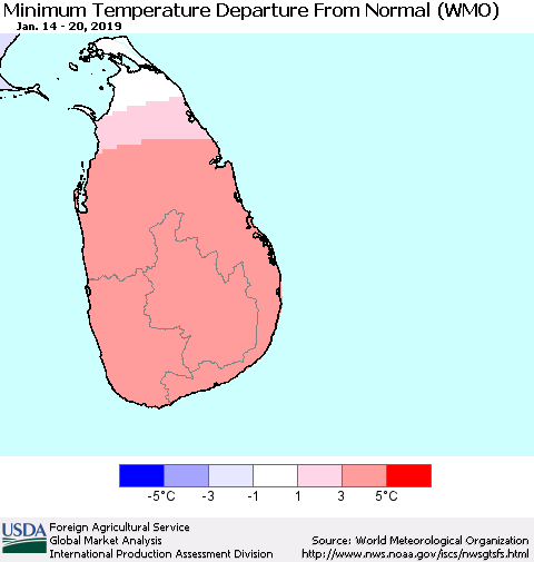Sri Lanka Mean Minimum Temperature Departure from Normal (WMO) Thematic Map For 1/14/2019 - 1/20/2019