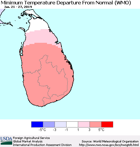 Sri Lanka Mean Minimum Temperature Departure from Normal (WMO) Thematic Map For 1/21/2019 - 1/27/2019