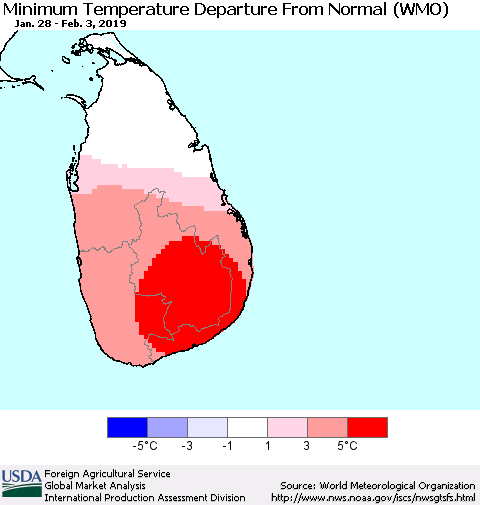 Sri Lanka Mean Minimum Temperature Departure from Normal (WMO) Thematic Map For 1/28/2019 - 2/3/2019
