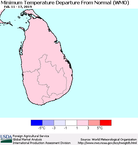 Sri Lanka Mean Minimum Temperature Departure from Normal (WMO) Thematic Map For 2/11/2019 - 2/17/2019