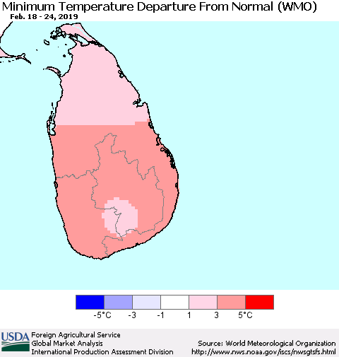 Sri Lanka Mean Minimum Temperature Departure from Normal (WMO) Thematic Map For 2/18/2019 - 2/24/2019