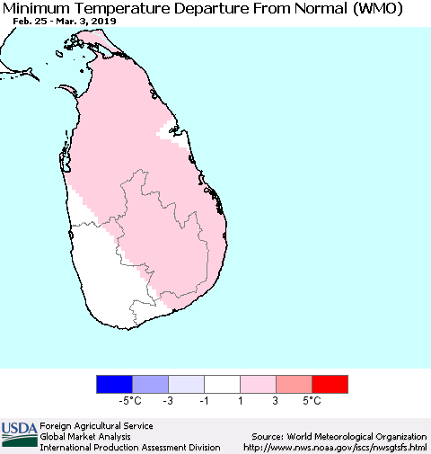 Sri Lanka Mean Minimum Temperature Departure from Normal (WMO) Thematic Map For 2/25/2019 - 3/3/2019