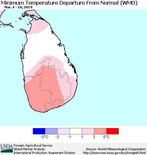 Sri Lanka Mean Minimum Temperature Departure from Normal (WMO) Thematic Map For 3/4/2019 - 3/10/2019