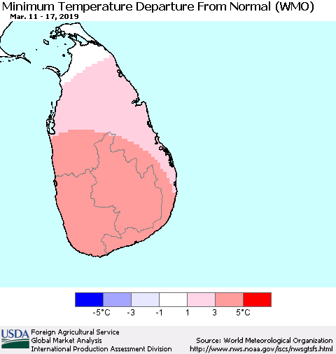 Sri Lanka Mean Minimum Temperature Departure from Normal (WMO) Thematic Map For 3/11/2019 - 3/17/2019