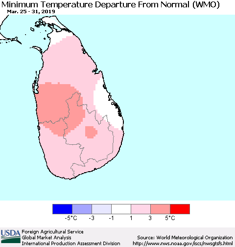 Sri Lanka Mean Minimum Temperature Departure from Normal (WMO) Thematic Map For 3/25/2019 - 3/31/2019