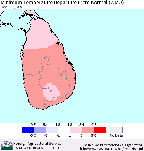Sri Lanka Mean Minimum Temperature Departure from Normal (WMO) Thematic Map For 4/1/2019 - 4/7/2019