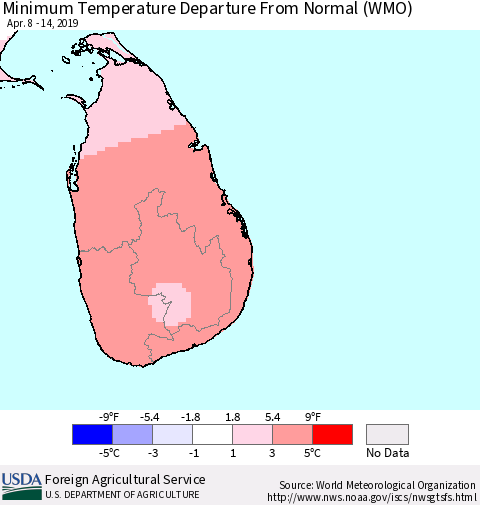 Sri Lanka Mean Minimum Temperature Departure from Normal (WMO) Thematic Map For 4/8/2019 - 4/14/2019